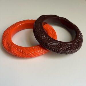 Vintage Bangle bracelets Orange and Brown Leaf Pattern set of 2